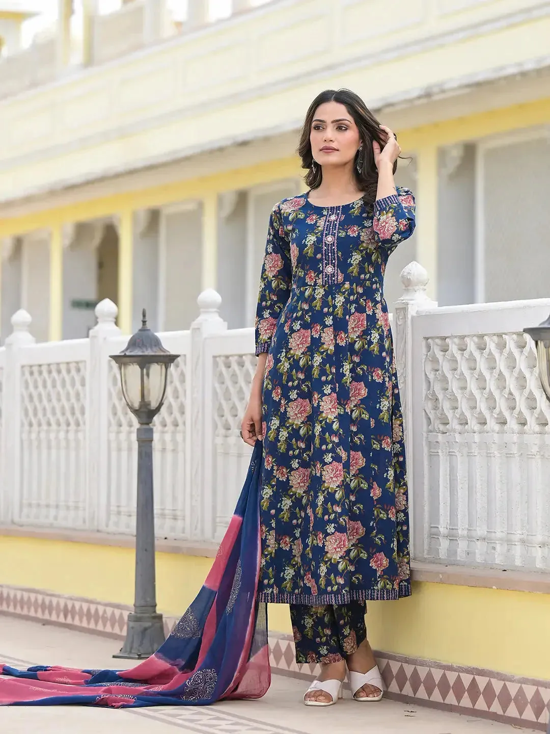 Blue Floral Print Zari Work Anarkali Kurta Trouser With Dupatta Set