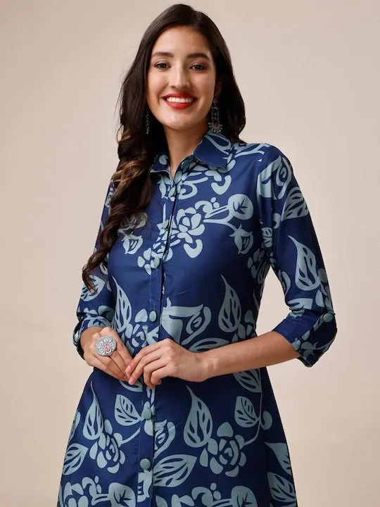 Blue Floral Printed Shirt Collar A-Line Kurta With Trousers