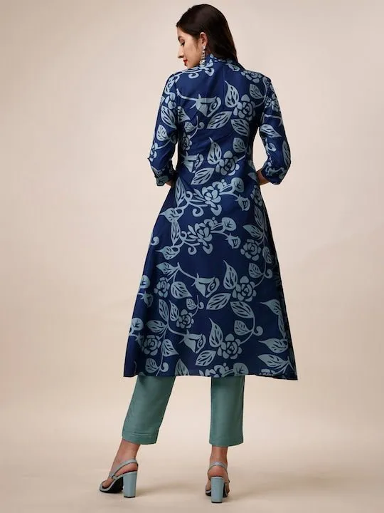 Blue Floral Printed Shirt Collar A-Line Kurta With Trousers