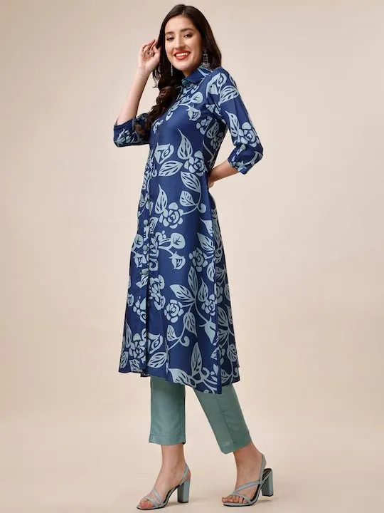 Blue Floral Printed Shirt Collar A-Line Kurta With Trousers