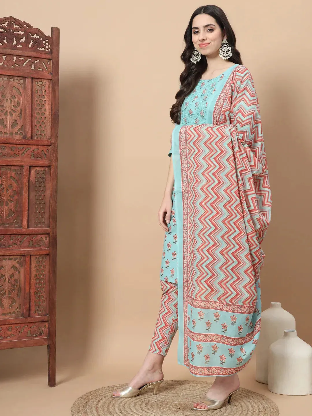 Blue Floral,Sequins_Work Straight Kurta Trouser And Dupatta Set