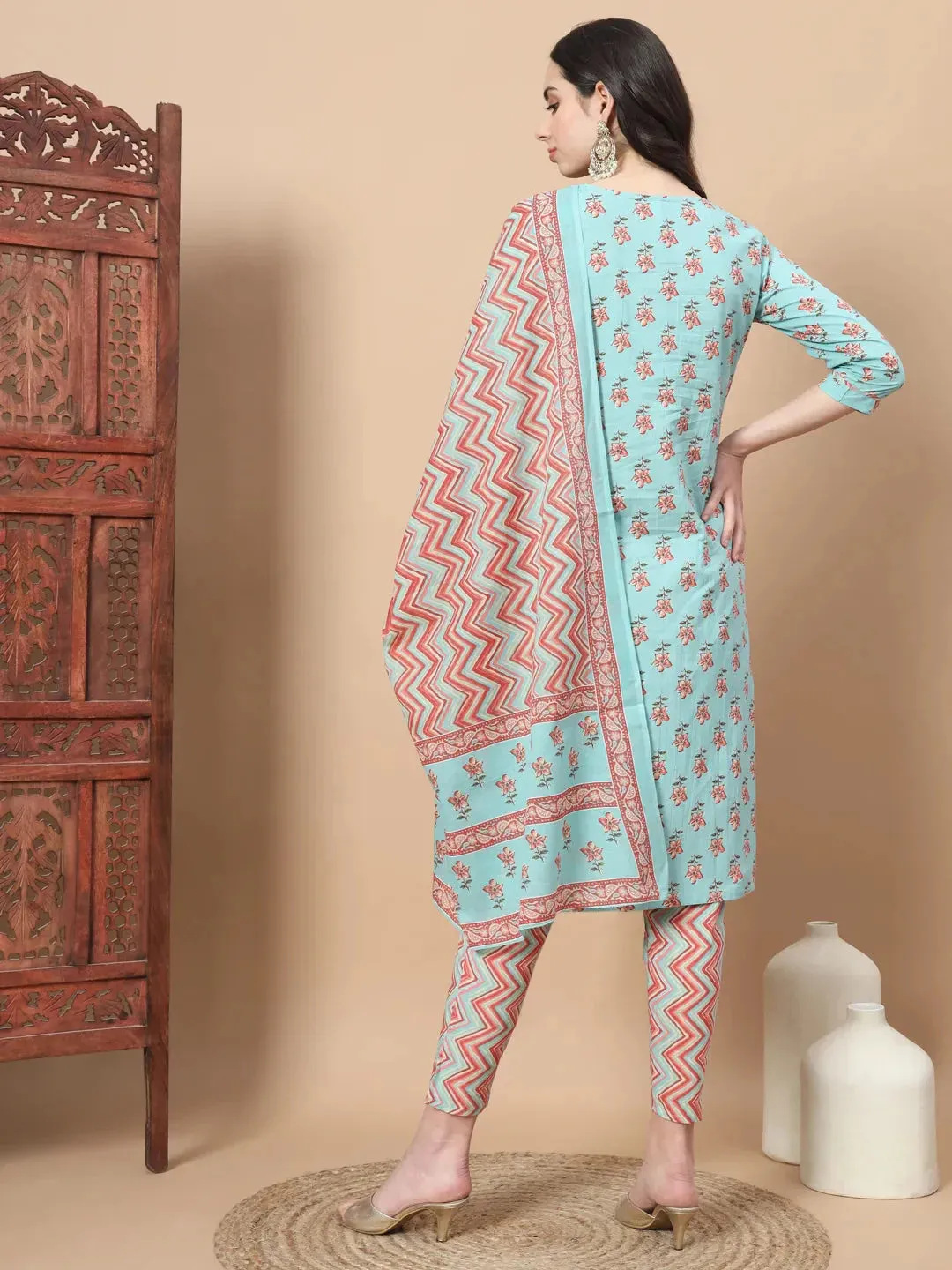 Blue Floral,Sequins_Work Straight Kurta Trouser And Dupatta Set