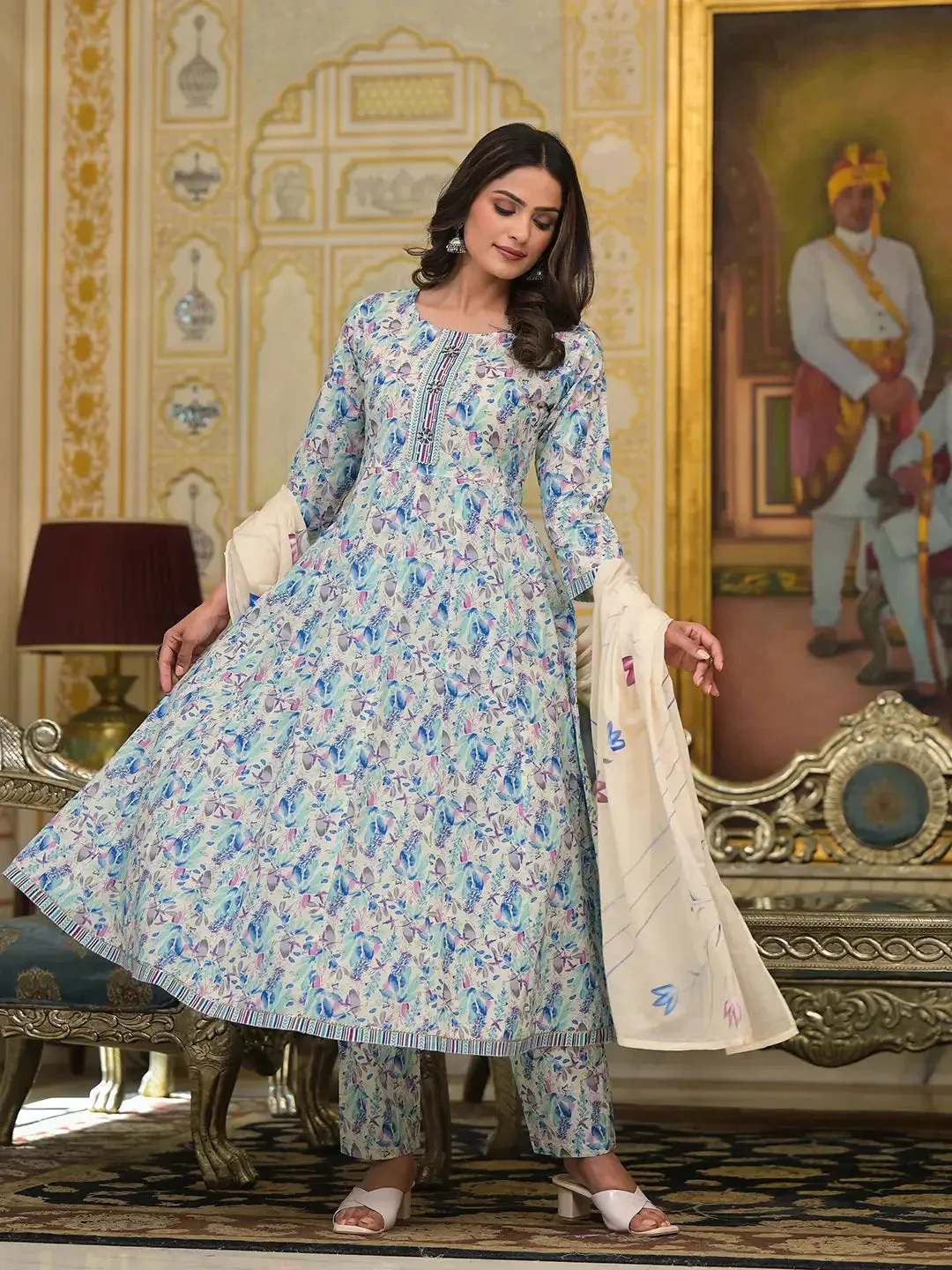 Blue Leaf Print Zari Work Anarkali Kurta Trouser With Dupatta Set