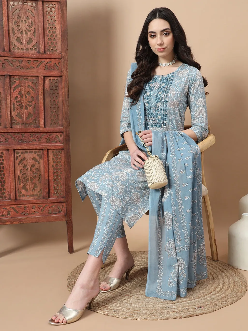 Blue Printed Cotton Kurta Dupatta Set