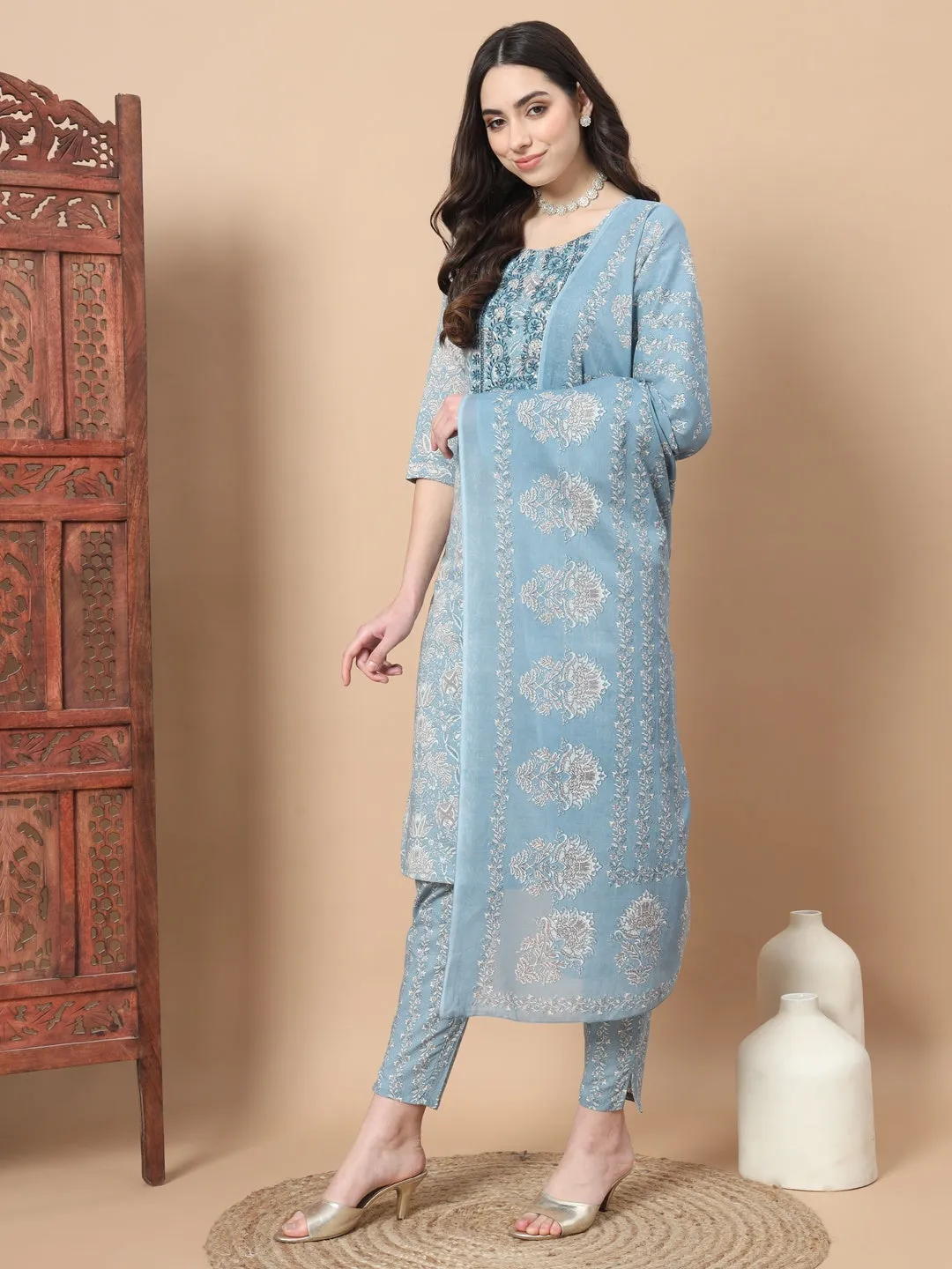 Blue Printed Cotton Kurta Dupatta Set