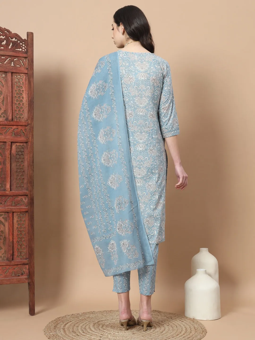 Blue Printed Cotton Kurta Dupatta Set