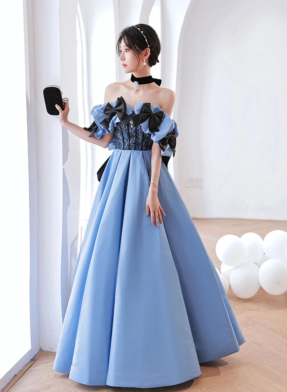 Blue Satin Sweetheart with Bow Long Party Dress, Blue A-line Prom Dress Evening Dress