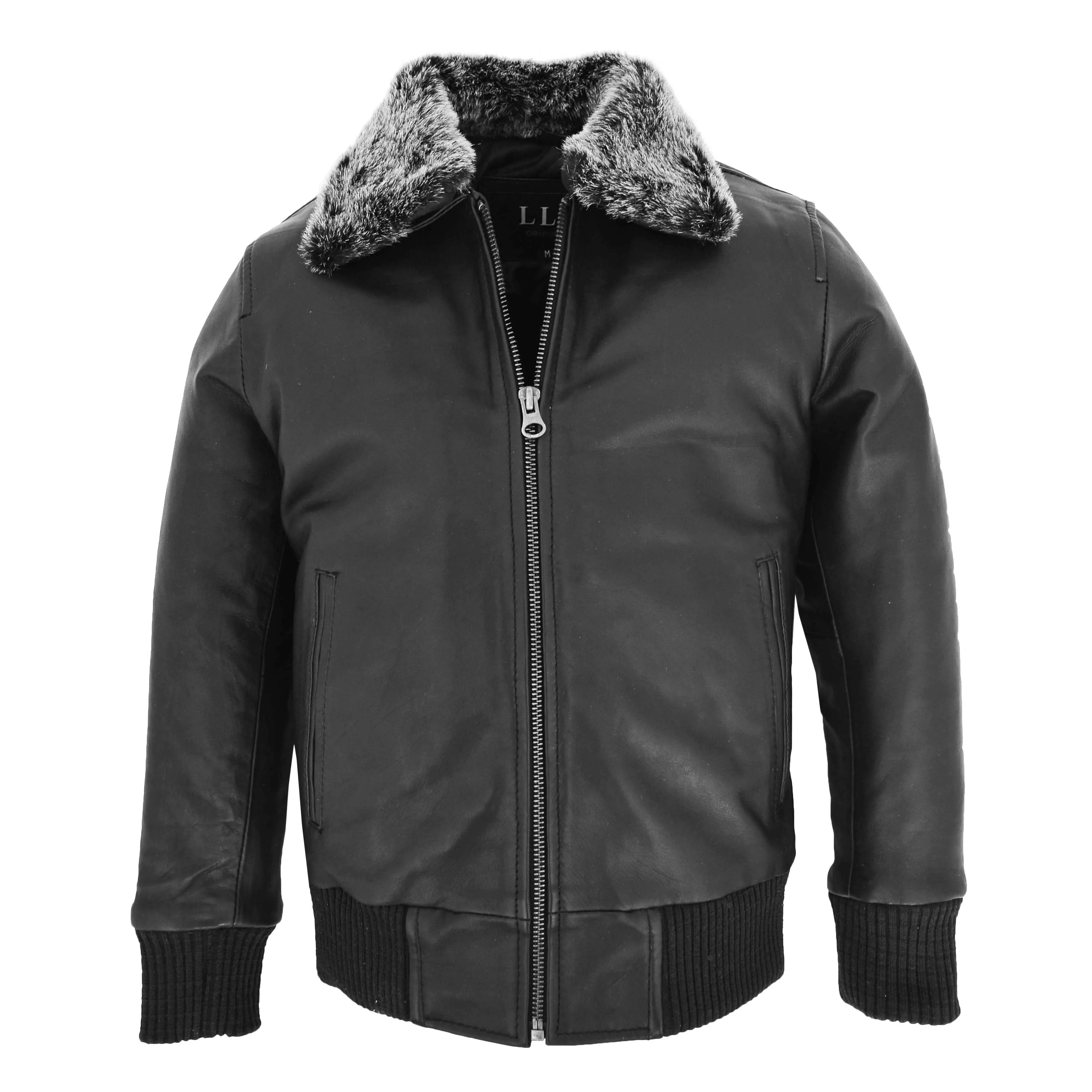 Boys Leather Bomber Jacket with Detachable Collar Liam Black