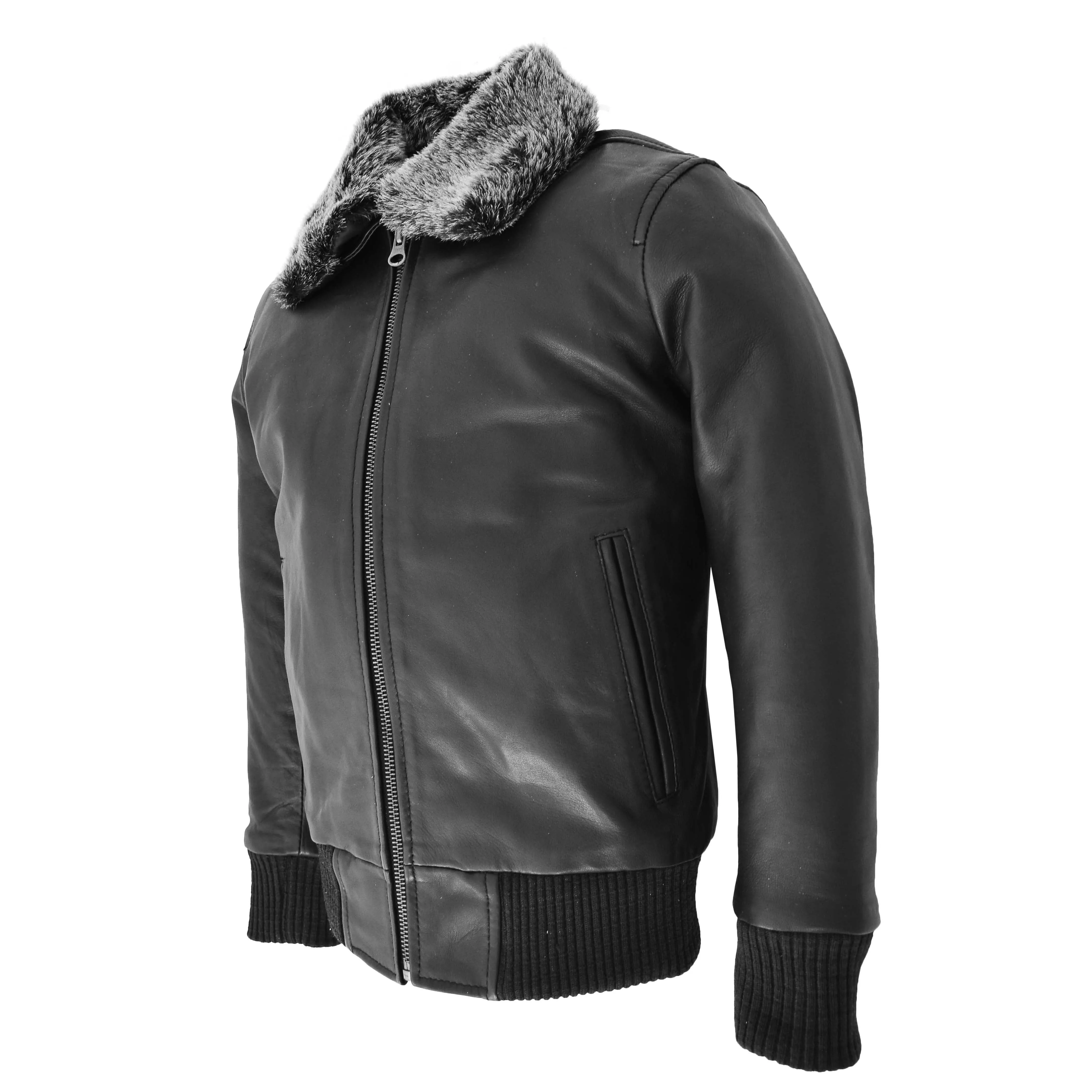 Boys Leather Bomber Jacket with Detachable Collar Liam Black