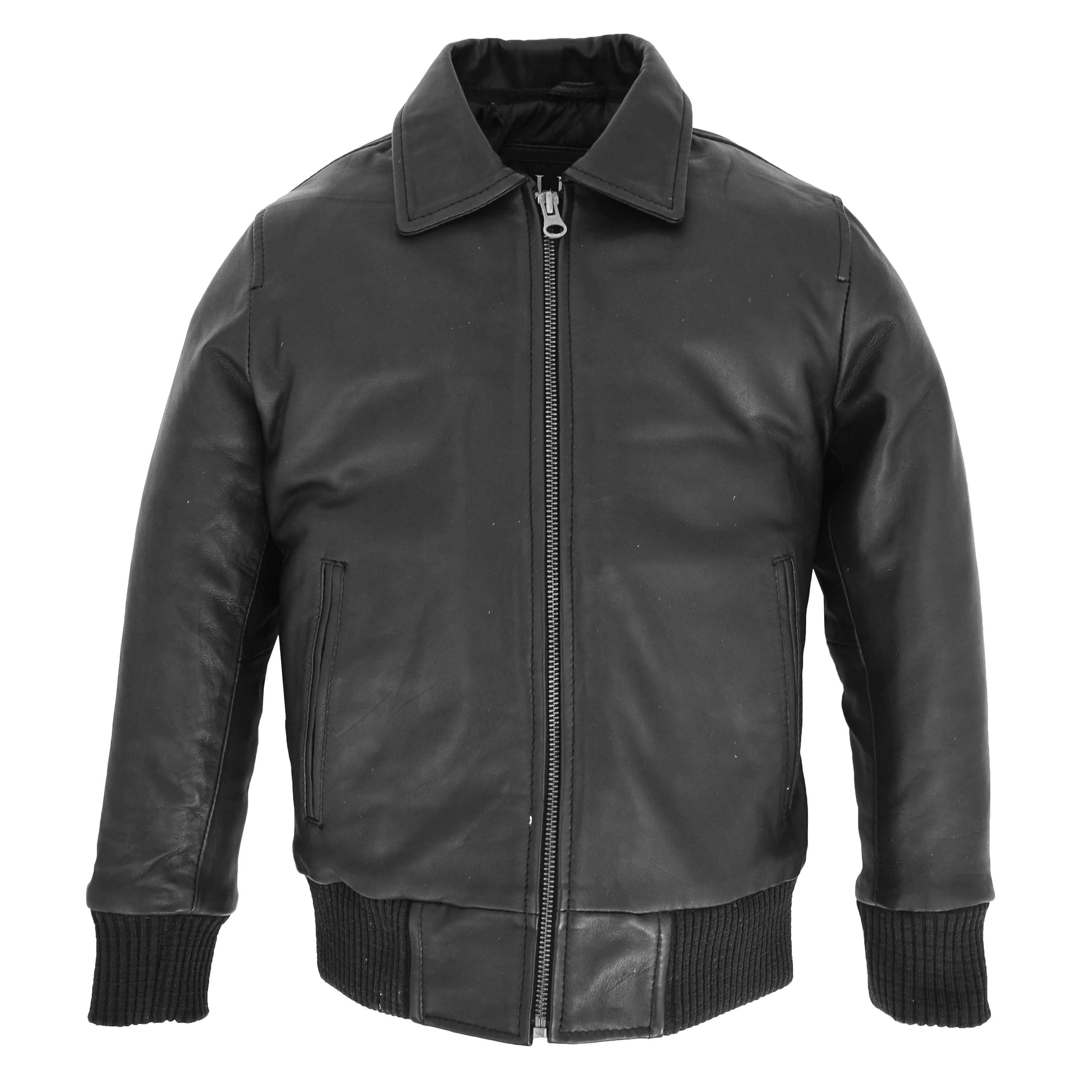 Boys Leather Bomber Jacket with Detachable Collar Liam Black