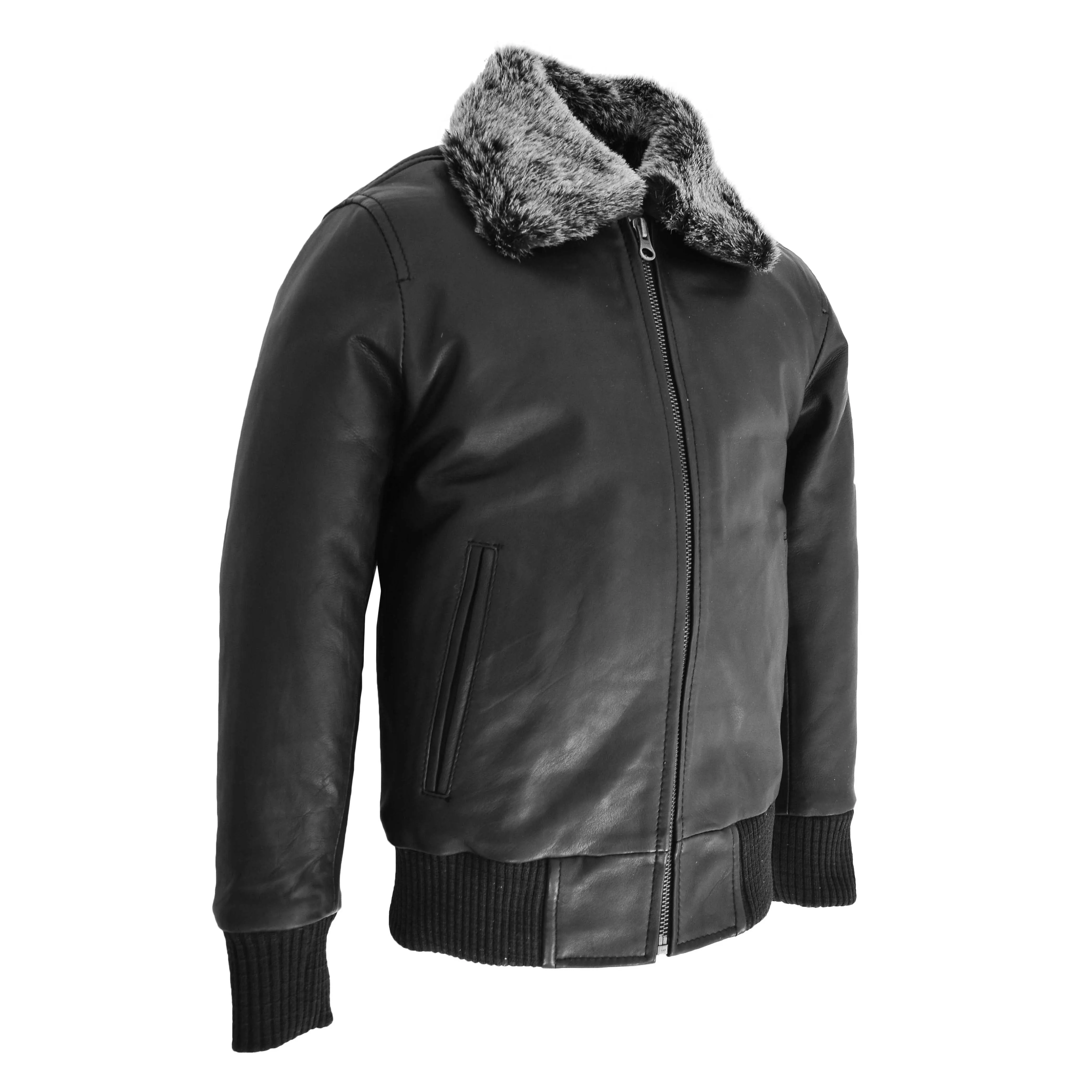 Boys Leather Bomber Jacket with Detachable Collar Liam Black