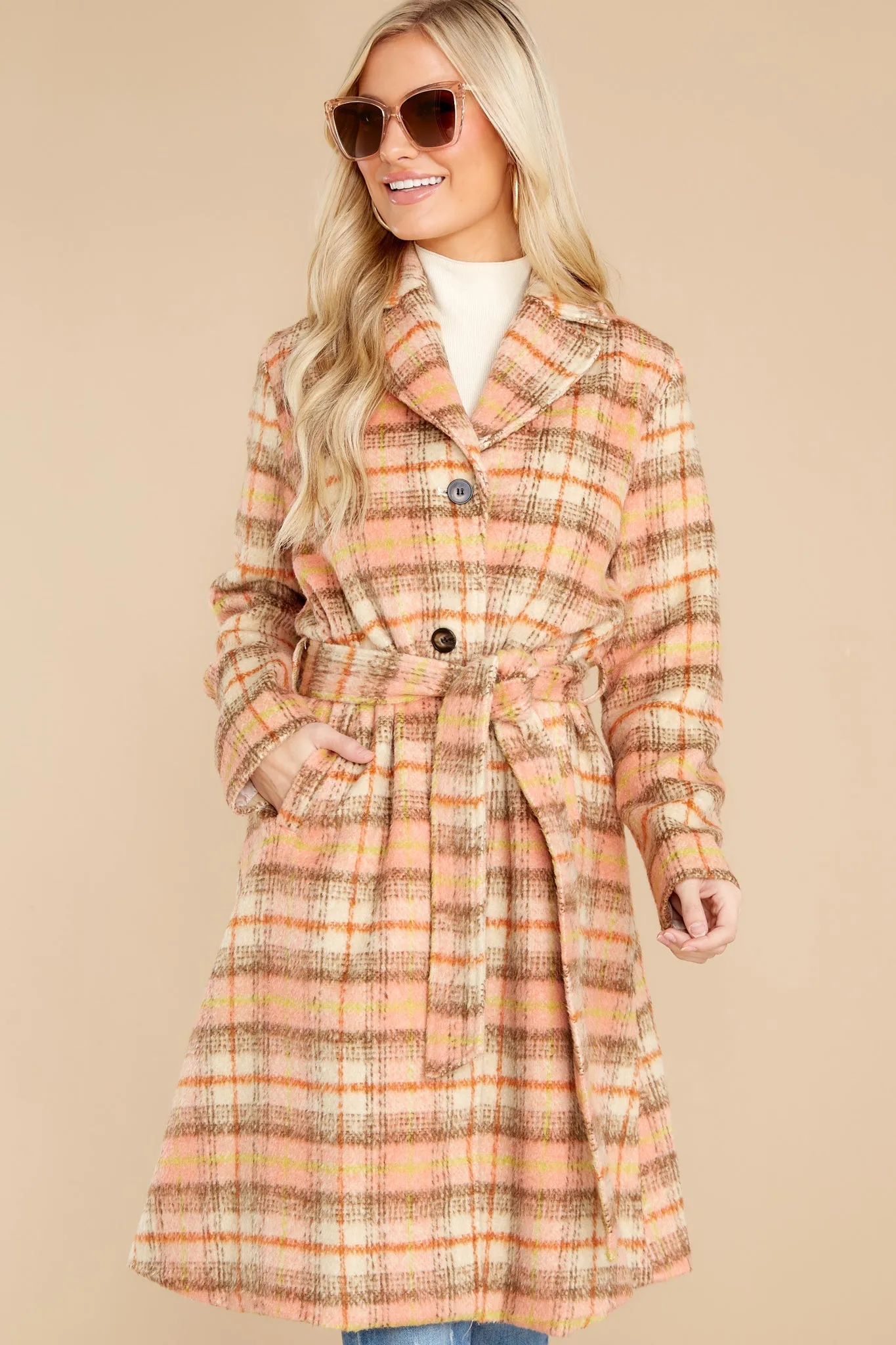 Brisk Strolls Apricot Plaid Coat