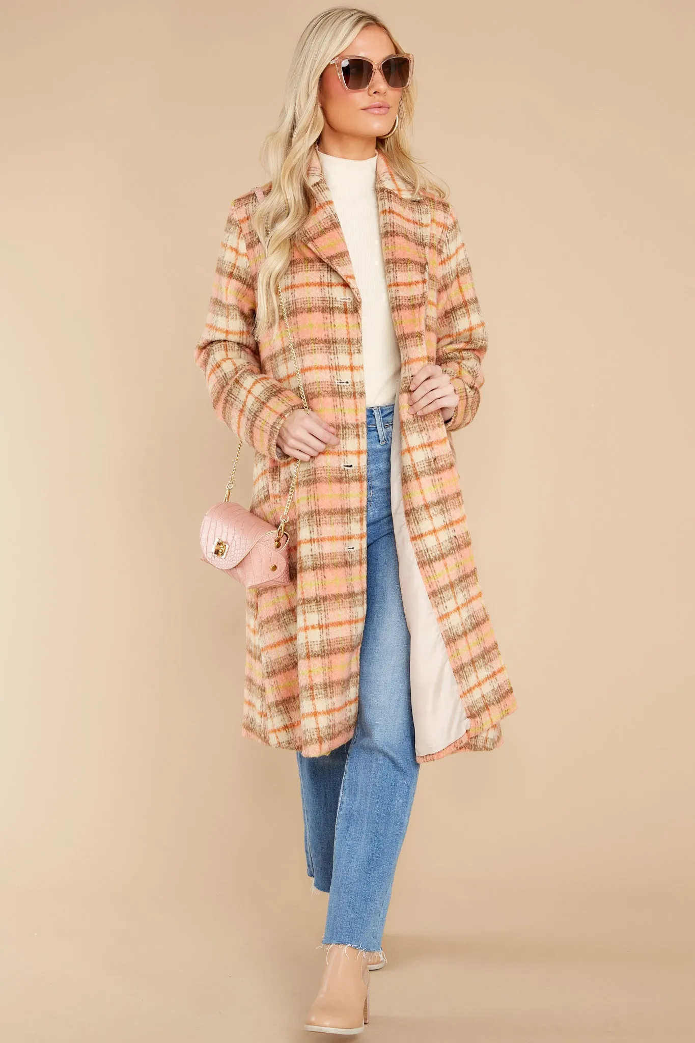 Brisk Strolls Apricot Plaid Coat