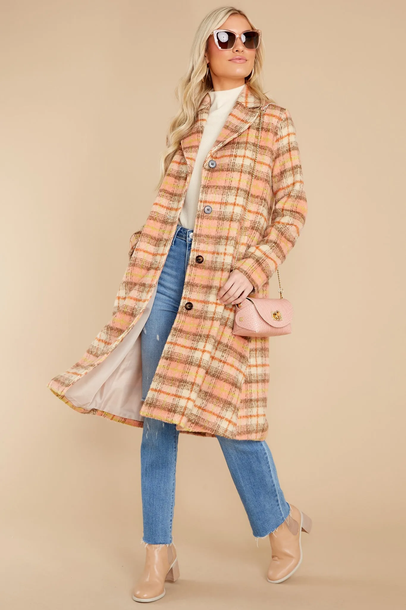 Brisk Strolls Apricot Plaid Coat