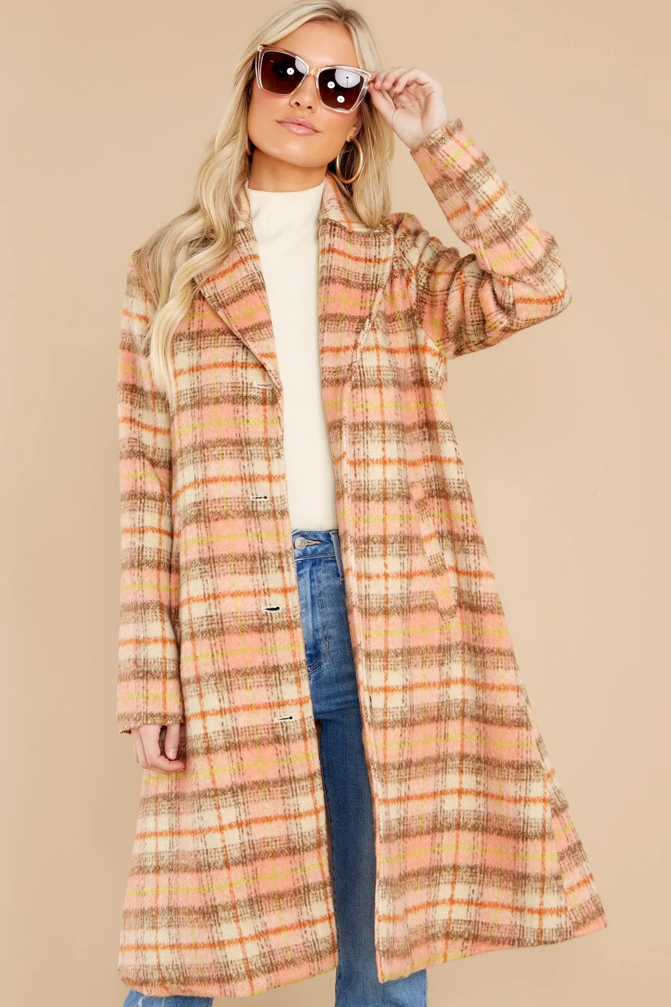 Brisk Strolls Apricot Plaid Coat