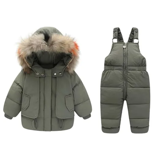 BRONG 2 Piece Baby Girls Snow Suit Winter Boys Hooded Puffer Down Jacket Coat and Snow Ski Bib Trousers Waterproof Kids Snow Outfits Set Green 4-5 Years