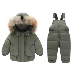 BRONG 2 Piece Baby Girls Snow Suit Winter Boys Hooded Puffer Down Jacket Coat and Snow Ski Bib Trousers Waterproof Kids Snow Outfits Set Green 4-5 Years