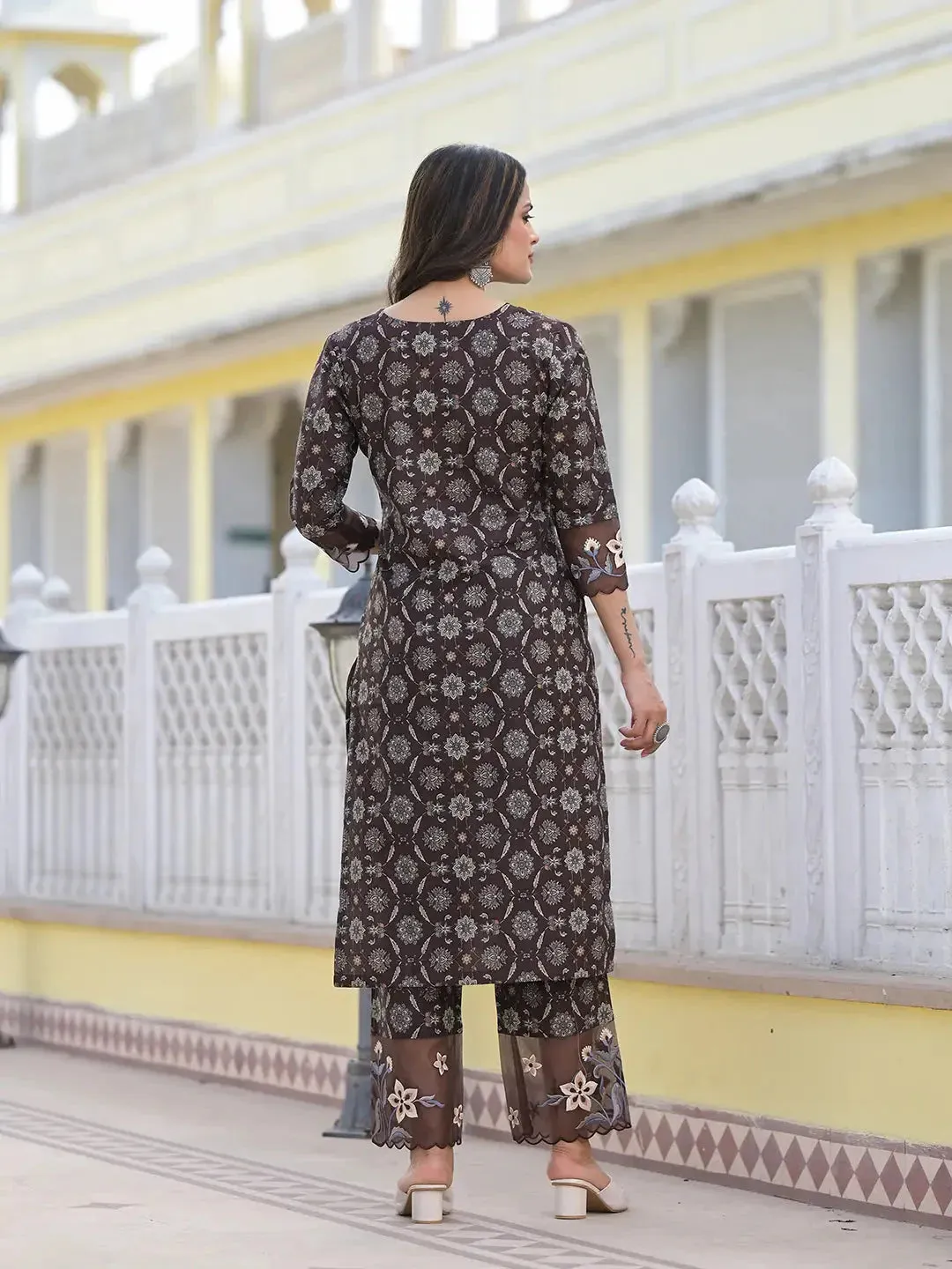 Brown Ethnic Motifs Pakistani Style Kurta Trouser And Dupatta Set