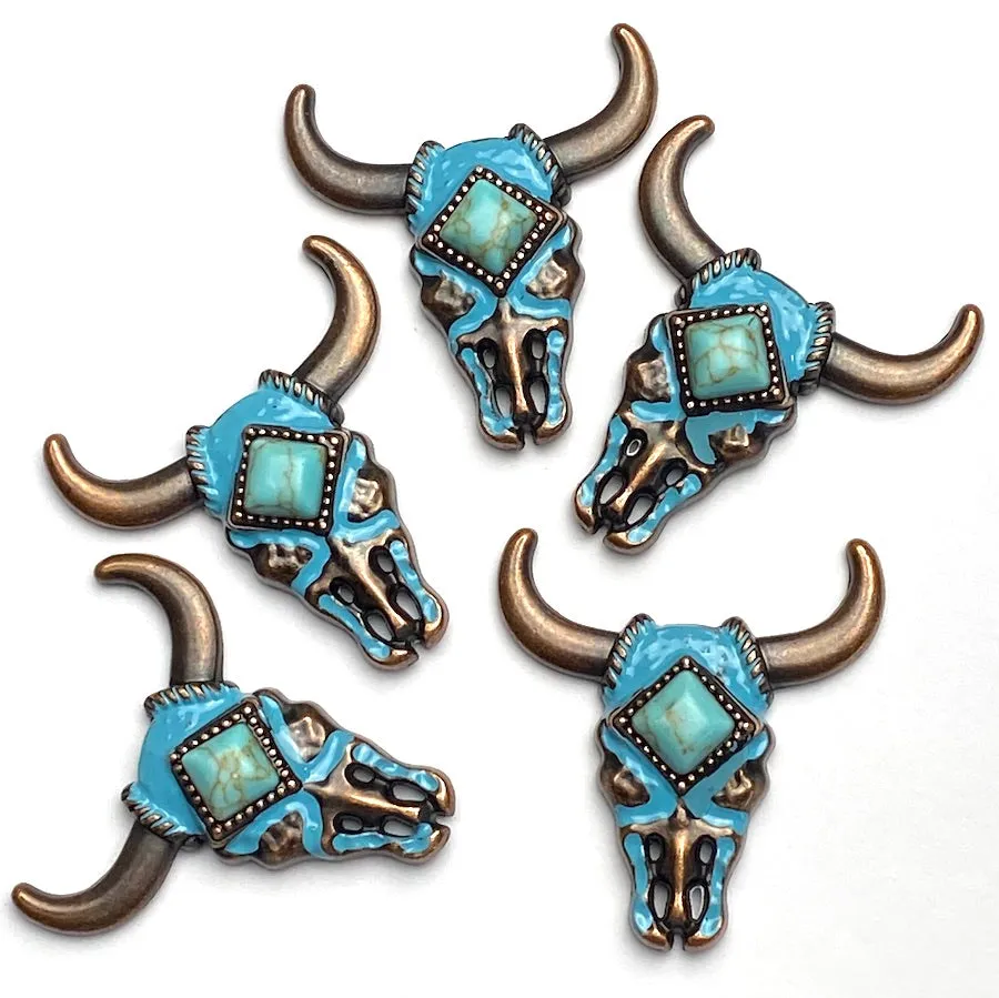 Bull Skull  1-1/2" Copper/Blue Enamel/'Turquoise Stone' Screw Back Concho 1.5"  #SWH-125