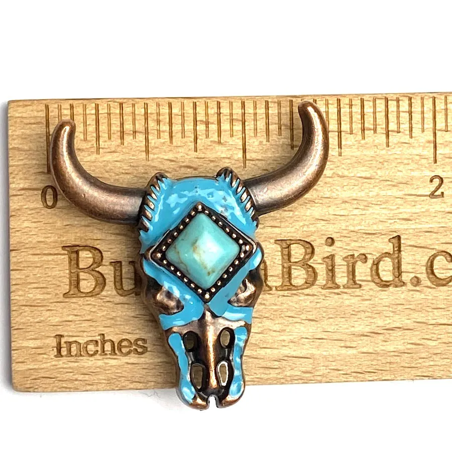 Bull Skull  1-1/2" Copper/Blue Enamel/'Turquoise Stone' Screw Back Concho 1.5"  #SWH-125