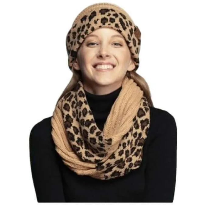 C.C Ribbed Knit Leopard Pattern Infinity Scarf