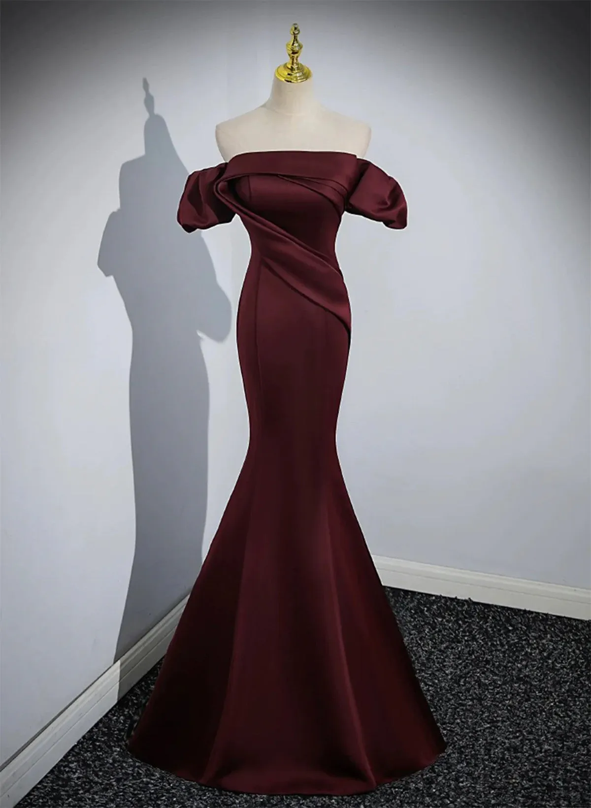 Charming Maroon Satin Mermaid Off Shoulder Prom Dress, Maroon Party Dress