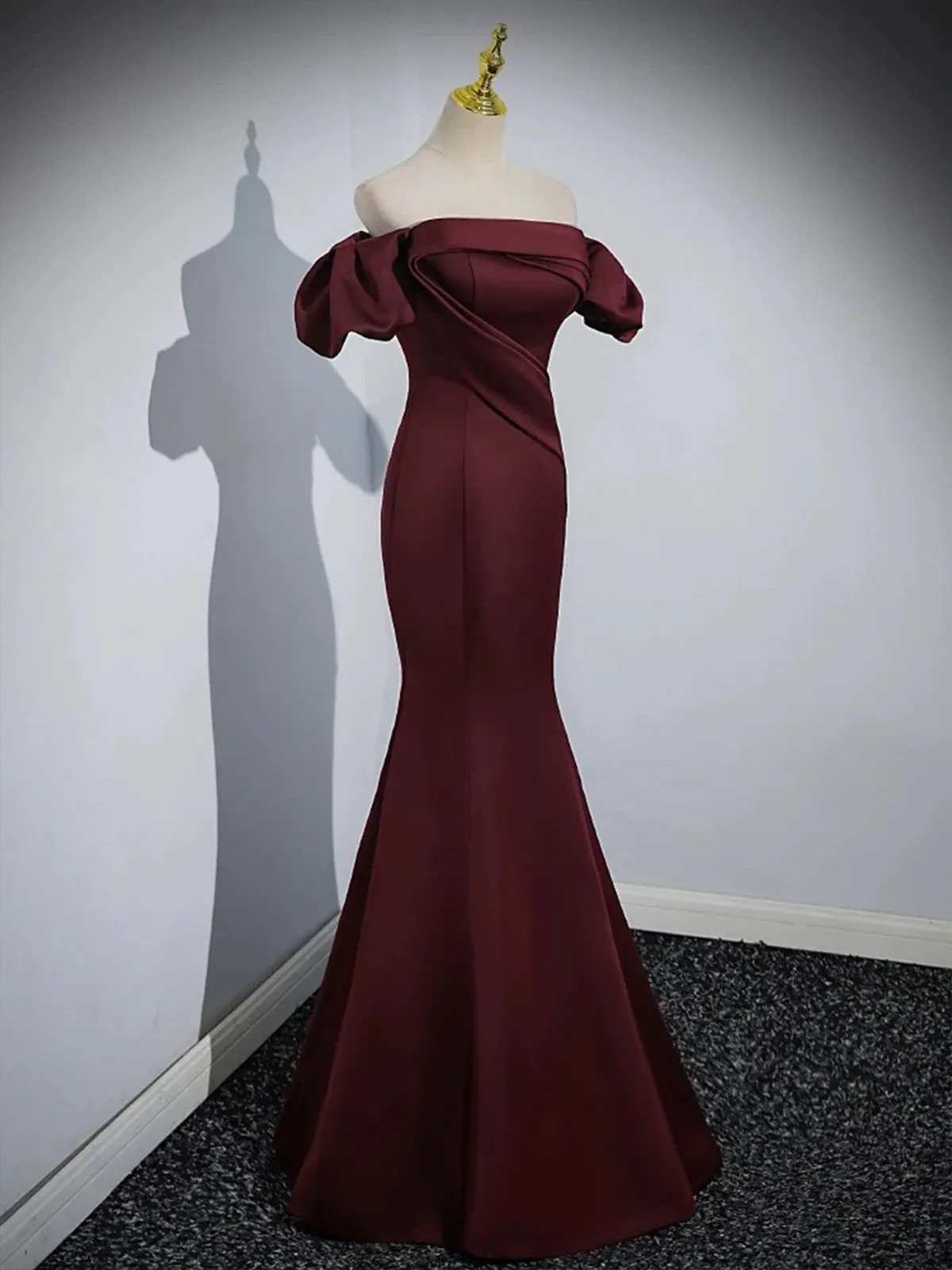 Charming Maroon Satin Mermaid Off Shoulder Prom Dress, Maroon Party Dress