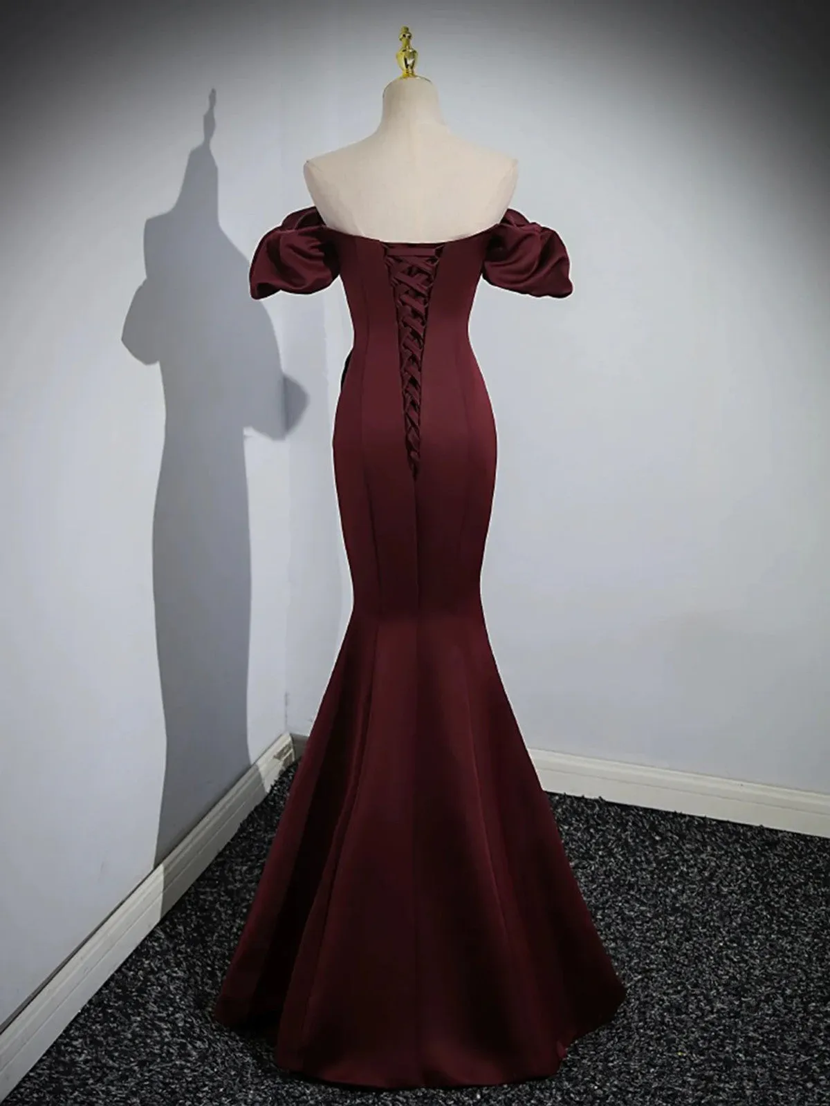 Charming Maroon Satin Mermaid Off Shoulder Prom Dress, Maroon Party Dress