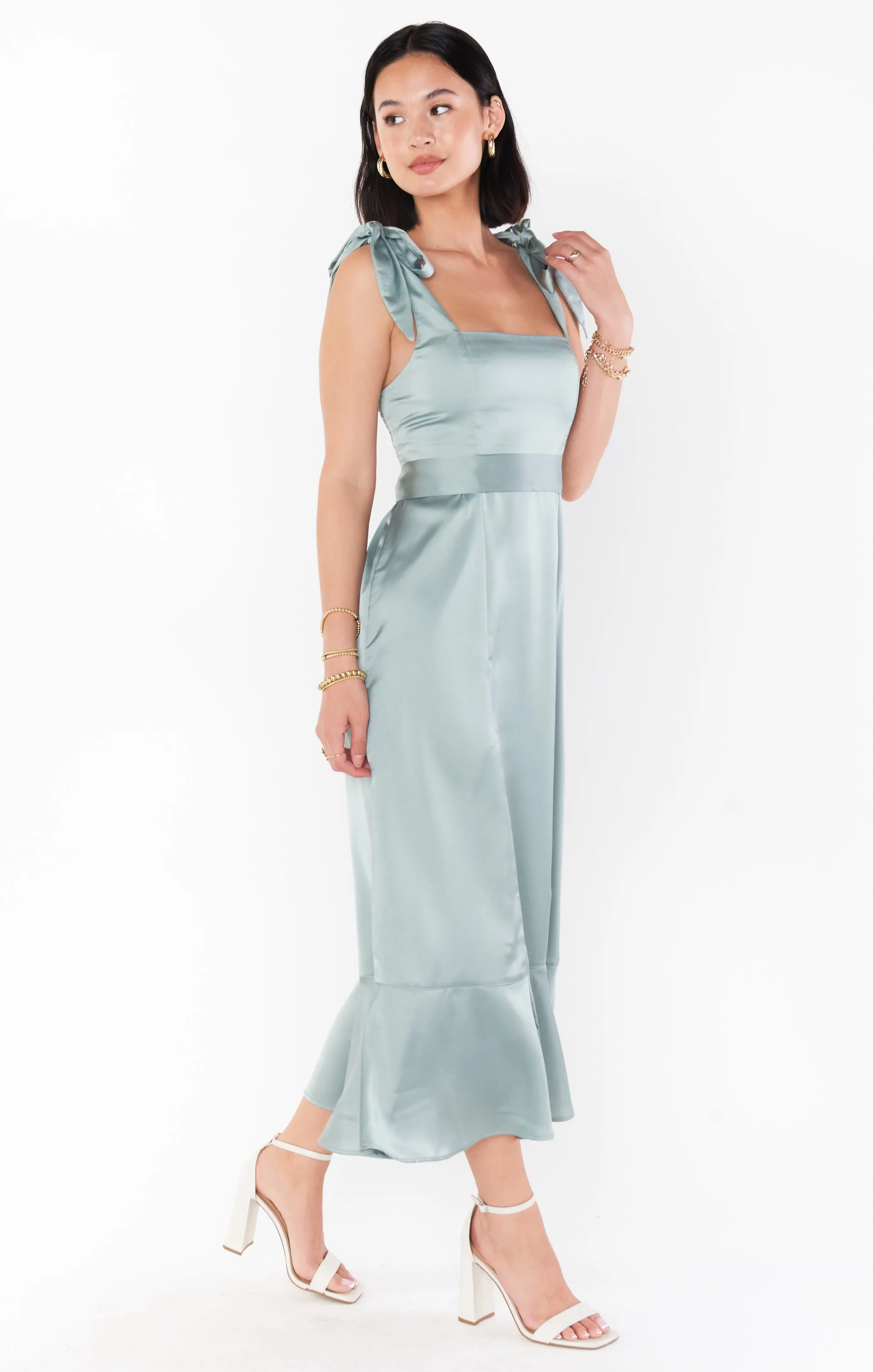 Claire Midi Dress ~ Silver Sage Luxe Satin