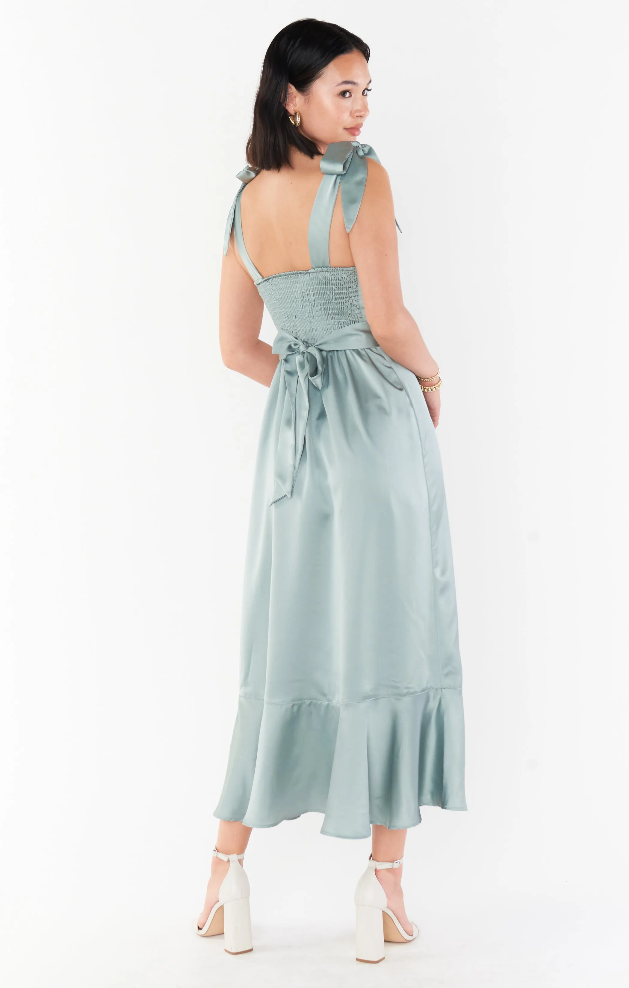 Claire Midi Dress ~ Silver Sage Luxe Satin