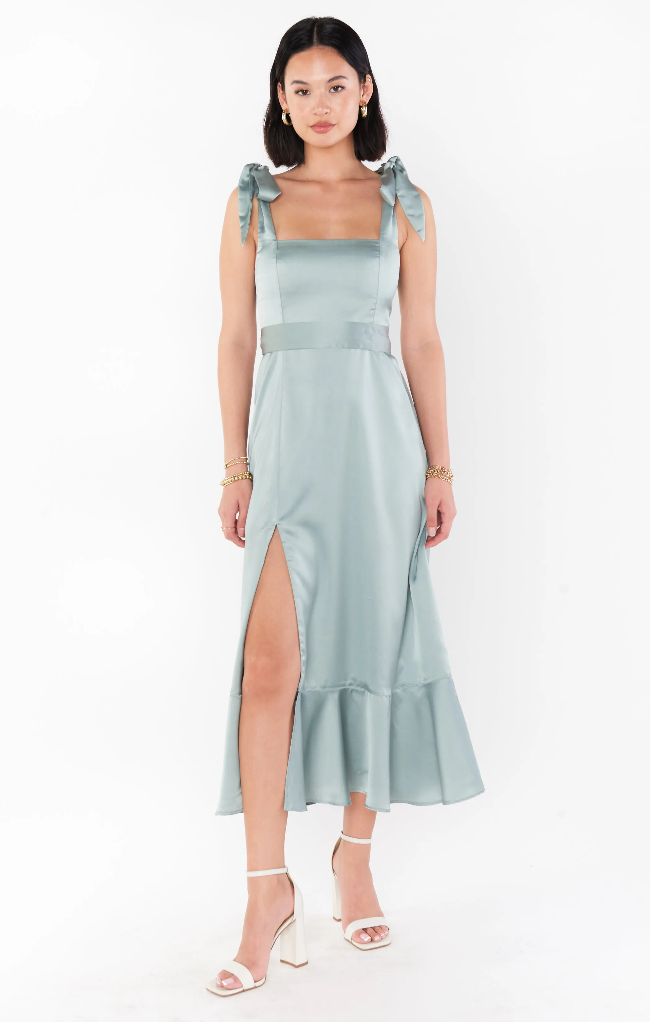 Claire Midi Dress ~ Silver Sage Luxe Satin