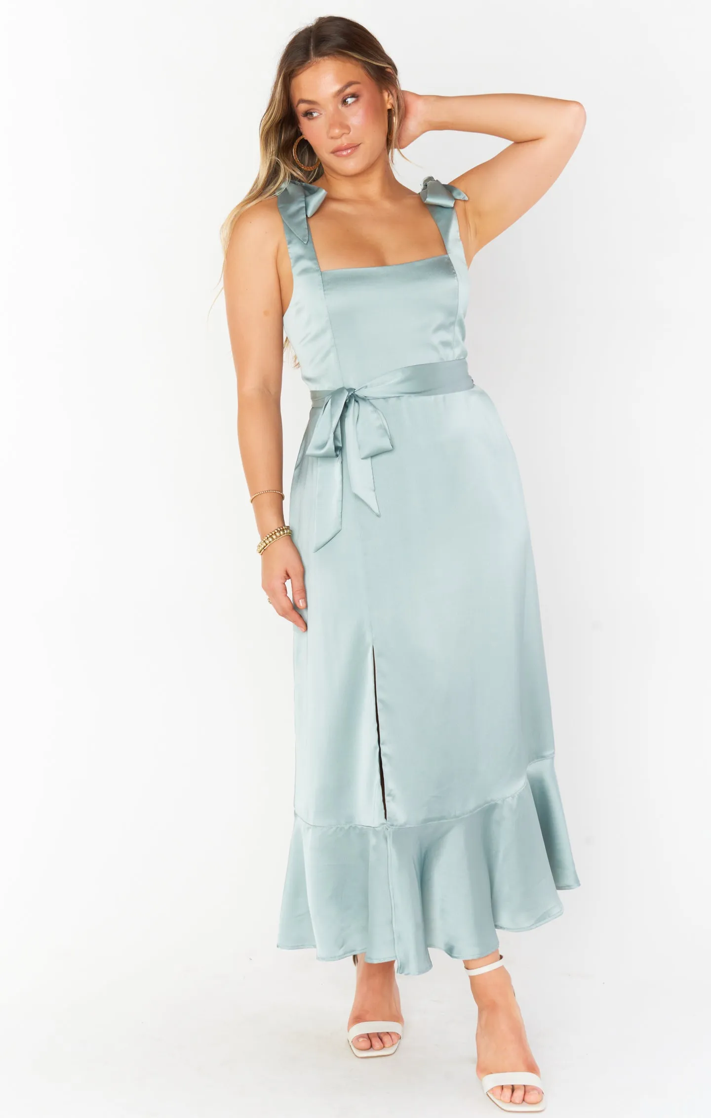 Claire Midi Dress ~ Silver Sage Luxe Satin