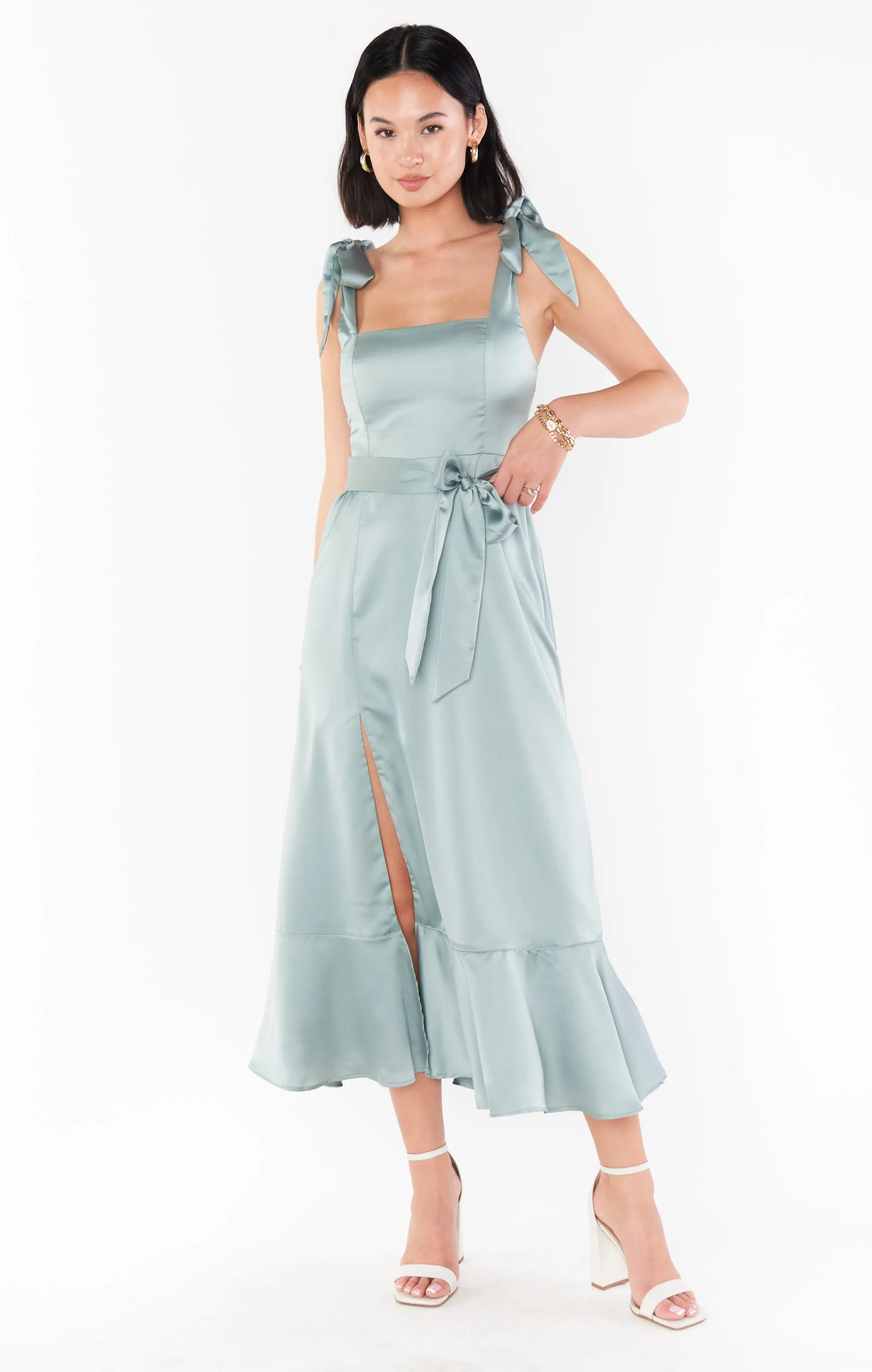 Claire Midi Dress ~ Silver Sage Luxe Satin