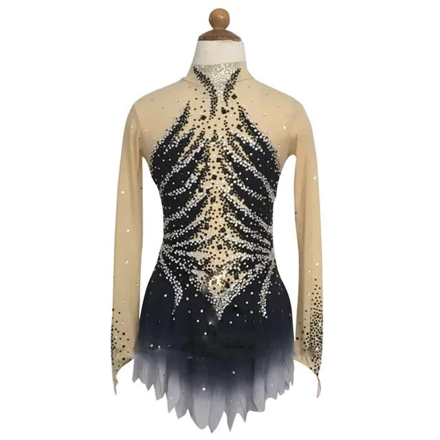 Competition Figure Skating Dress Black Grey Full Sleeves Crystals BSU200214.4