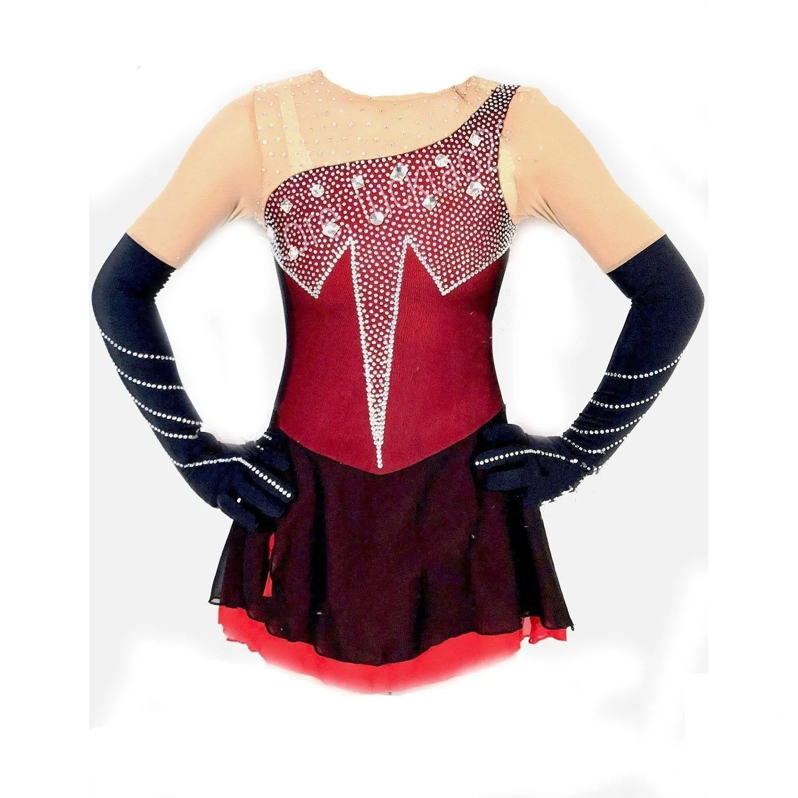 Competition Figure Skating Dress Red Black Long Gloves BSU030303