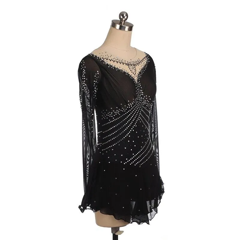 Competition Skating Dress Long Sleeves Black Crystals Available in 8 Colors BSU3103