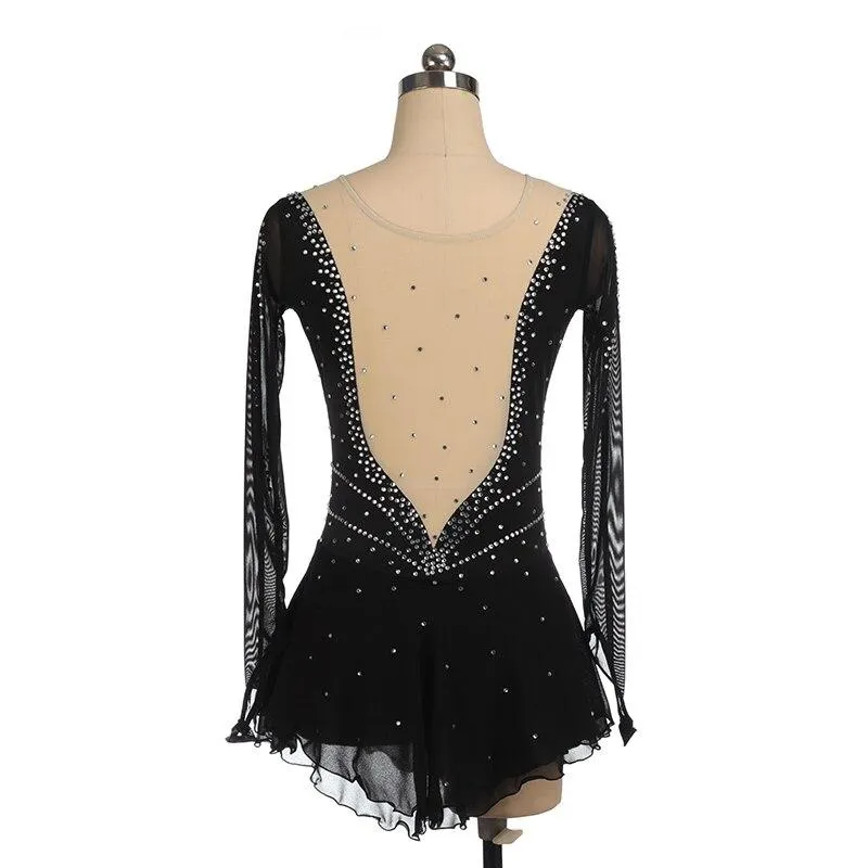 Competition Skating Dress Long Sleeves Black Crystals Available in 8 Colors BSU3103