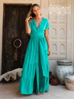 Cotton Maxi Shirt Dress / Green