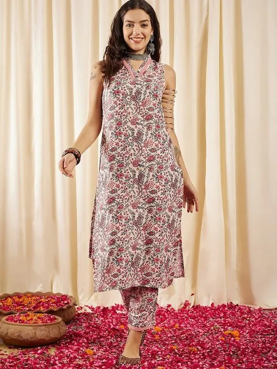 Cream Floral Printed Regular Kurta With Trousers