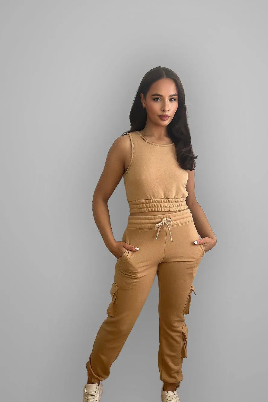 Crop Top And Waist Tie Side Pockets Cargo Pants Set