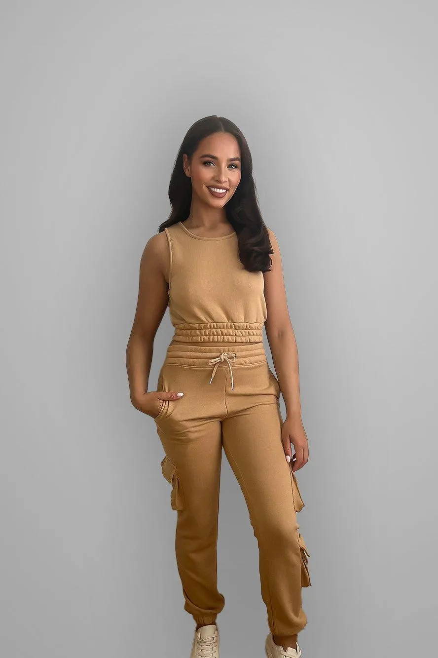 Crop Top And Waist Tie Side Pockets Cargo Pants Set