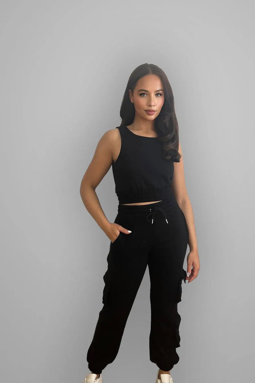 Crop Top And Waist Tie Side Pockets Cargo Pants Set