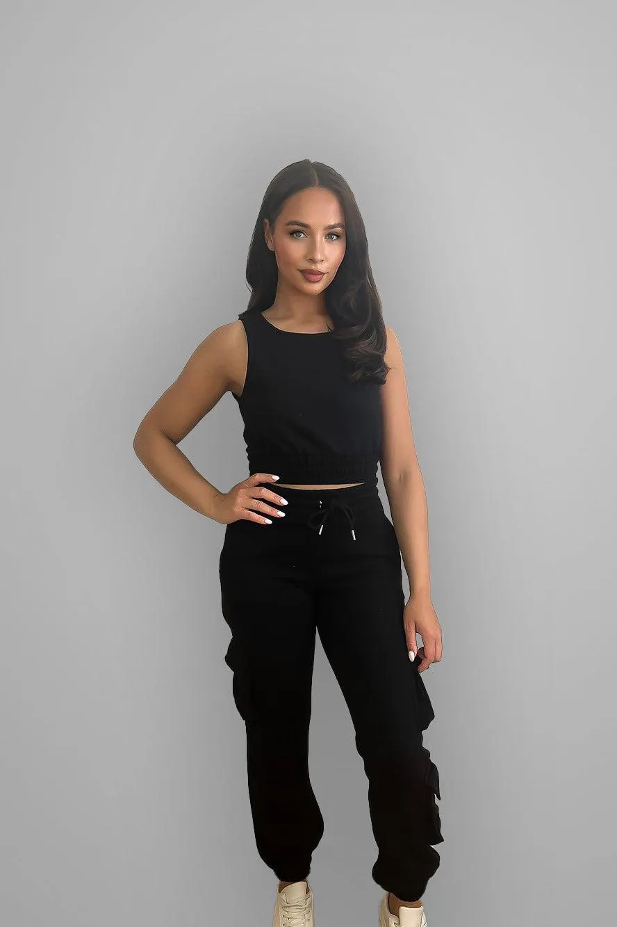 Crop Top And Waist Tie Side Pockets Cargo Pants Set