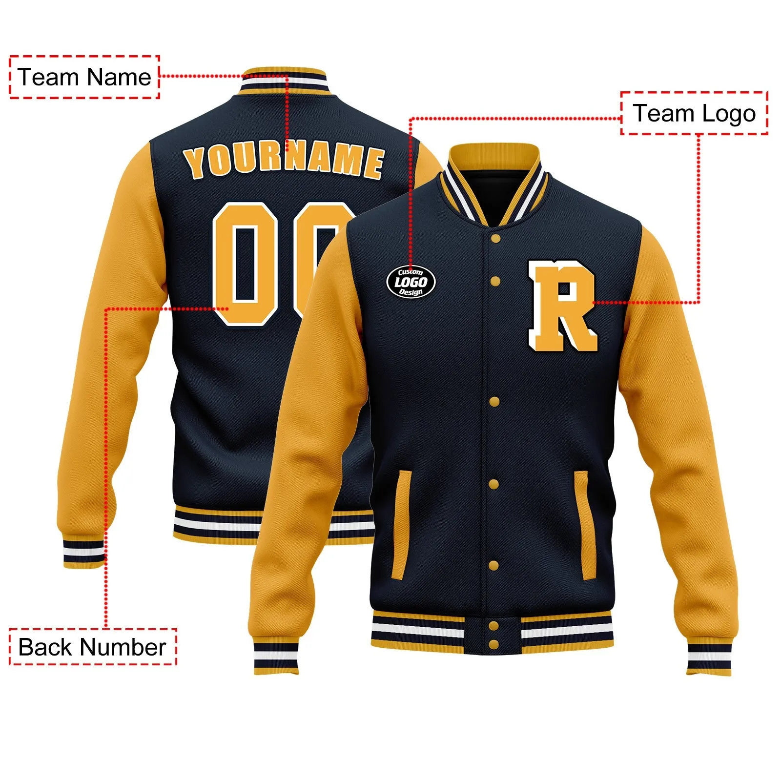 Custom Blue Yellow Jacket Bomber Full-Snap Varsity Letterman Personalized Jacket FZ005-D020255-6