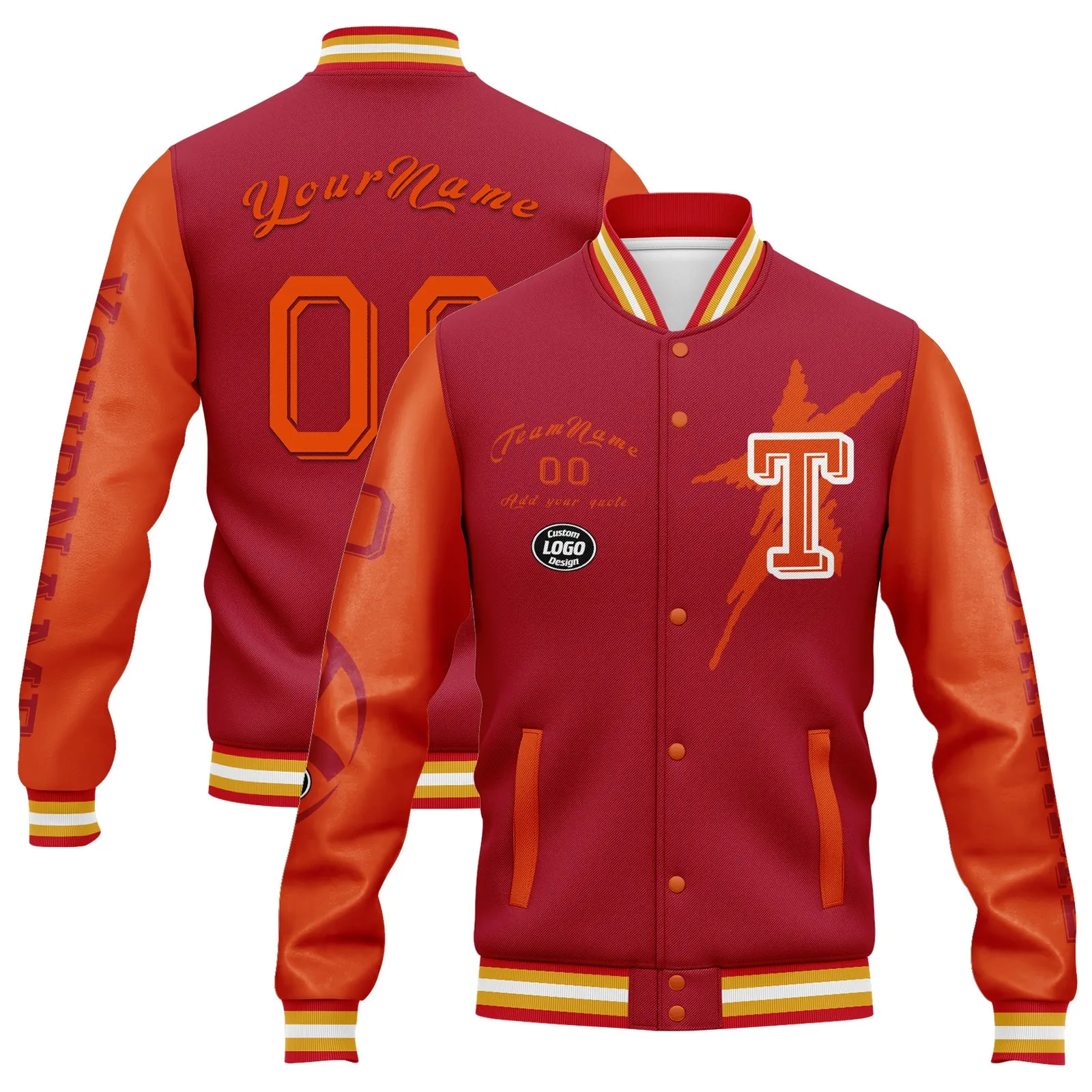 Custom Red Orange Tampa Bay Jacket Bomber Full-Snap Varsity Letterman Personalized Jacket FZ005SX-D020290-29