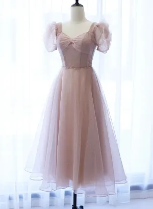 Cute Pink Tulle Short Sleeves Knee Length Homecoming Dress, Cute Pink Prom Dress