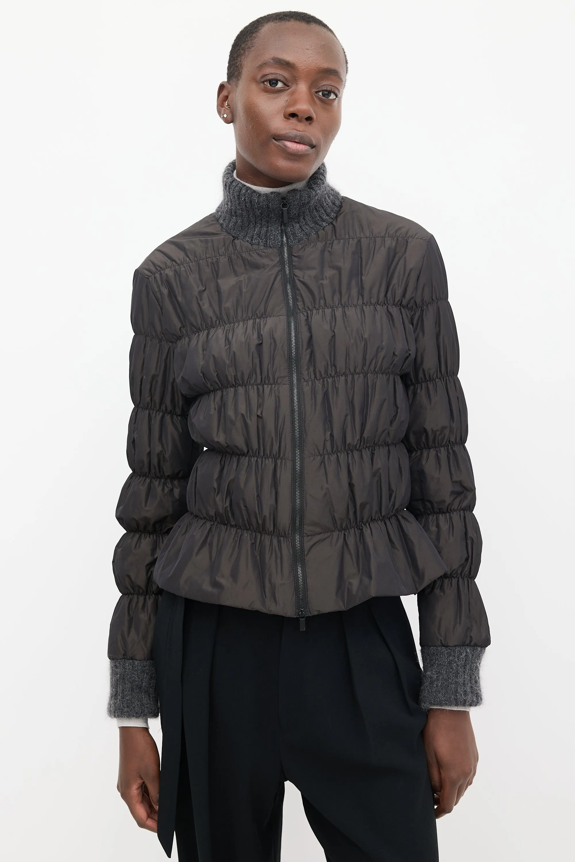 Dark Grey Knit Collar Ruched Puffer Jacket