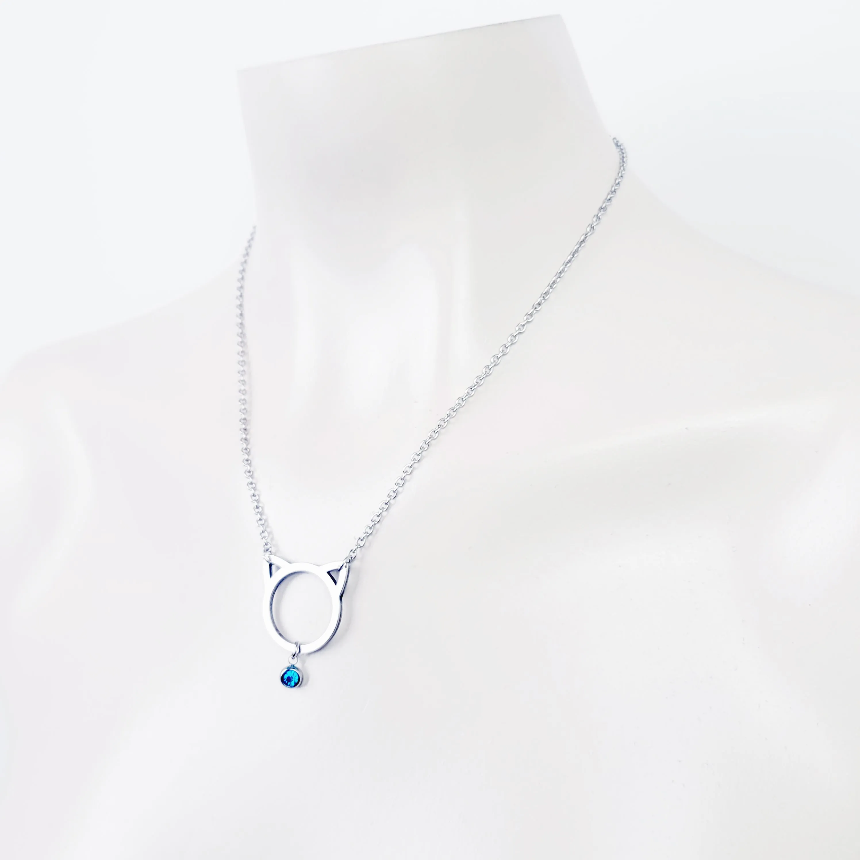 Day Collar ~ Stainless Steel Kitten Necklace with Gemstone. BDSM, Discreet