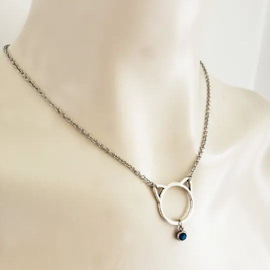 Day Collar ~ Stainless Steel Kitten Necklace with Gemstone. BDSM, Discreet