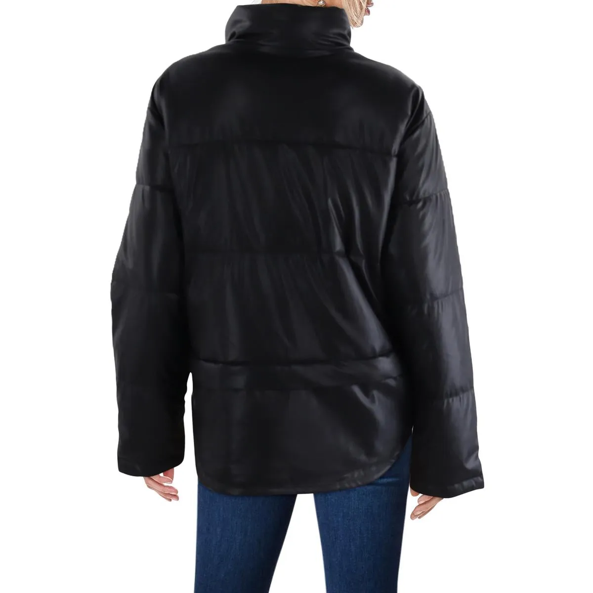 DKNY Jeans Womens Faux Leather Short Puffer Jacket